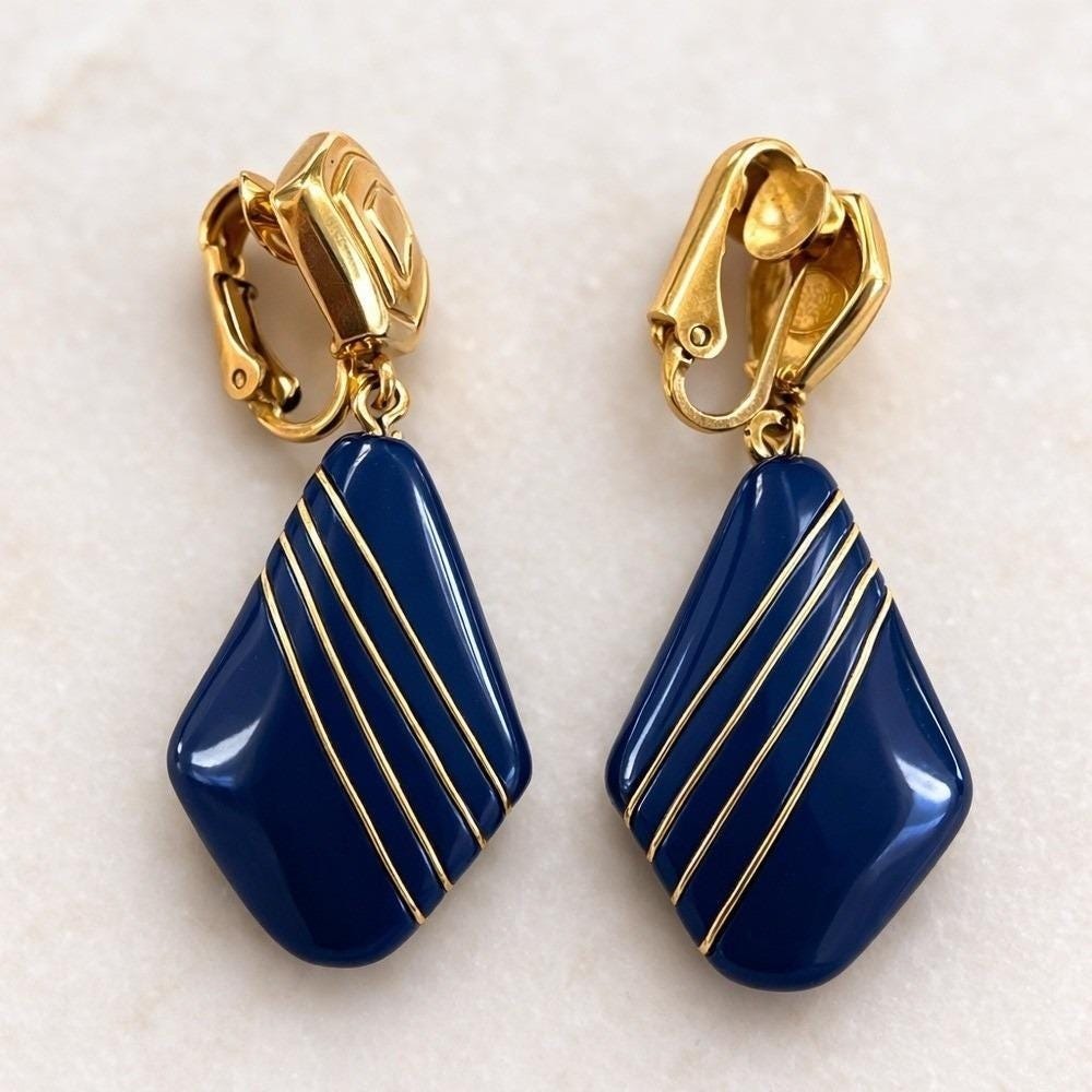 Vintage Trifari Lucite Clip On Earrings‎ Large Gold Tone Geometric Statement